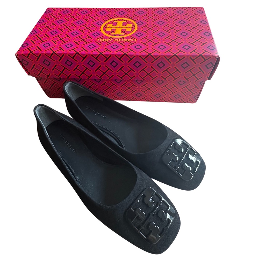 $258 NWB TORY BURCH Georgia Blk Suede Leather Square Toe Ballet Flats SZ 5.5